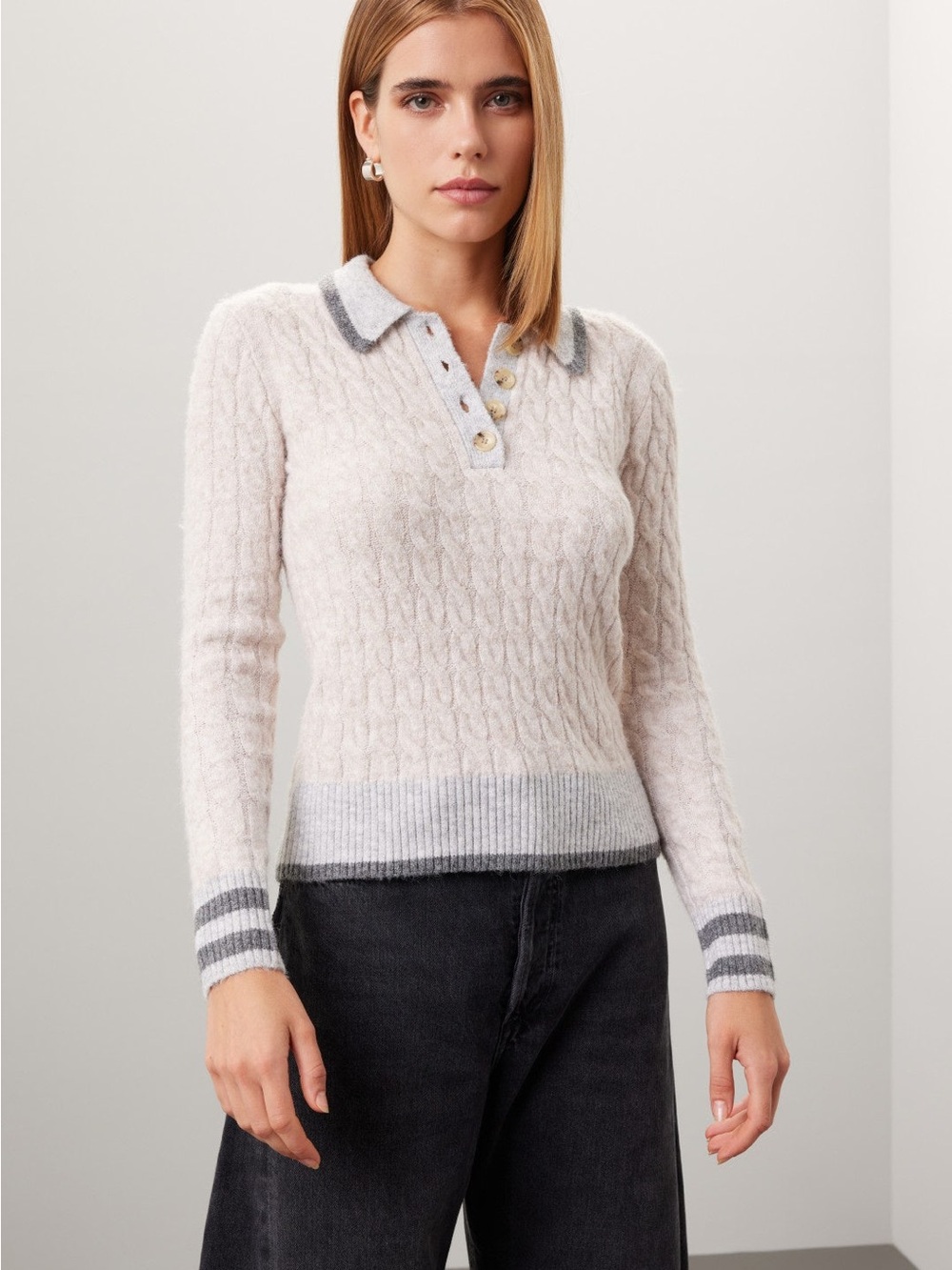 Central Park West Cable-Knit Bobbie Polo Varsity Sweater Cozy Gray Trim EUC